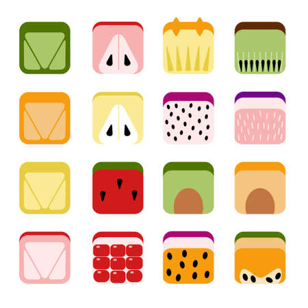 Abstract fruit icons set. Square shaped cube block fruits. Watermelon, citrus pomegranate kiwi apple pear, dragon fruit, avocado plum, pineapple, peach, passion fruit, fig, papaya vector illustrationのイラスト素材