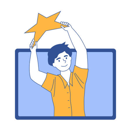 Customer feedback on screen. Man on monitor hold rate star in hands. Client positive reaction high ranking concept. Best appraisal of business, satisfaction. Review evaluation vector illustrationのイラスト素材