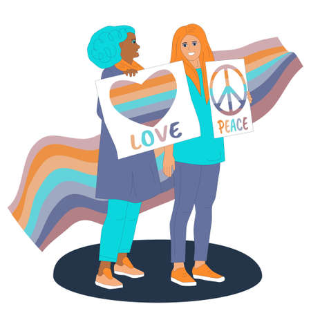 Woman protest. Lgbtq diversity rainbow supporting concept. Rainbow lgbt flag wave. Happy pride day. Love and peace slogan. Happy lesbian couple with placards. Heart and peace sign vector illustrationのイラスト素材