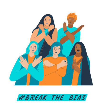 Break the bias female group. Womens international day. Movement against discrimination, inequality, stereotypes. Womens rights concept. Ethnical diversity persons crossed arms flat vector illustrationのイラスト素材