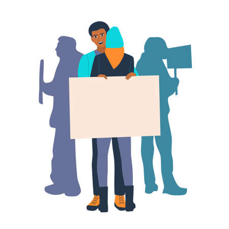 Guy hugs girl and hold placard on protesting people background. People group holding blank banners, manifesting activists demonstrating empty signs. Street protest flat vector illustrationのイラスト素材