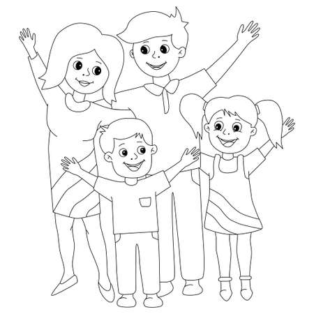 Coloring for children. Happy family mom, dad, son, daughter stand together hands up. Smiling adult and children. Family time holiday party birthday line vector illustrationのイラスト素材