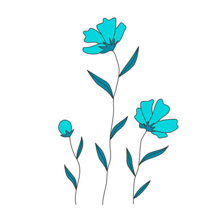 Wild flowers and leaves design, botanical color thin line doodle. Floral motifs for tattoo print wall art cover. Aesthetic elegant subtle simple trendy contour vector illustration.のイラスト素材