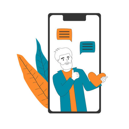Elderly bearded man puts likes, shows class gesture, leaves comments on social media, chatting with support using smartphone. Happy granparent online communicate, feedback, dating vector illustration.のイラスト素材