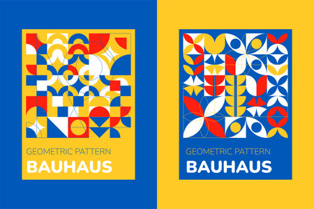 Abstract bauhaus poster, brochure geometric creative background, simple shapes bright colors, rectangle pattern. colorful circle art collage. retro minimalistic artwork card banner vector illustrationのイラスト素材