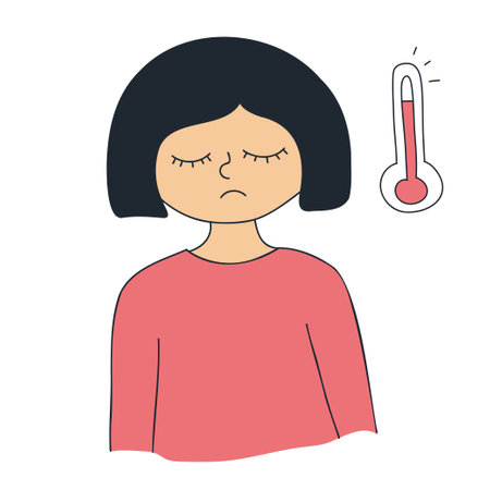Girl suffers from high fever. Symptom of a viral or bacterial infection. Sick sad tired exhausted...