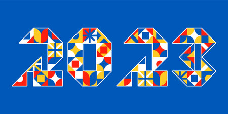 2023 numbers brutalism geometric bauhaus style. New Year sign simple shapes neoplasticism mondrian...