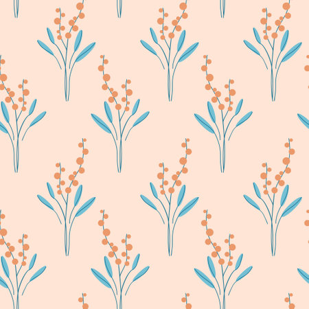 Seamless pattern with naive art hand drawn flowers and leaves. Retro cute simple 60s background. Abstract hygge botanical decoration. Heath or lavender motifs. Vector illustration.のイラスト素材