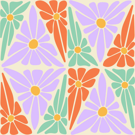 Groovy trippy daisy abstract hand drawn aesthetic seamless pattern. Triangle flowers retro patchwork. 1970 vintage hippie vibe background. Cover textile poster vector illustration.のイラスト素材