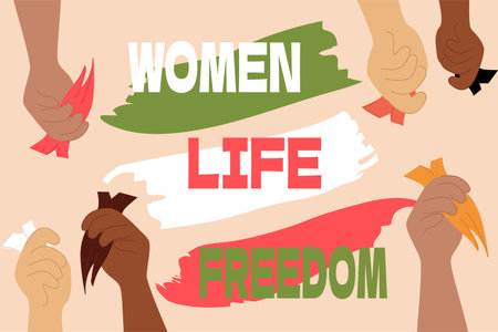 Women life freedom. Hands holding multicolored tuft of cut hair. Conceptual banner of international allyship in defense of iranian women. Brush strokes in colors of iranian flag. Iran protest. Vector.のイラスト素材