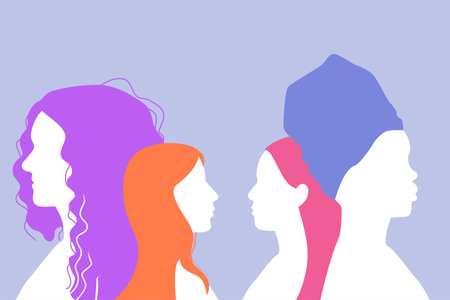 Abstract girls profile silhouettes different hairdos and headwear. Women allyship banner template. Womens history month. International womens day. 8 march poster. Vector illustration.のイラスト素材