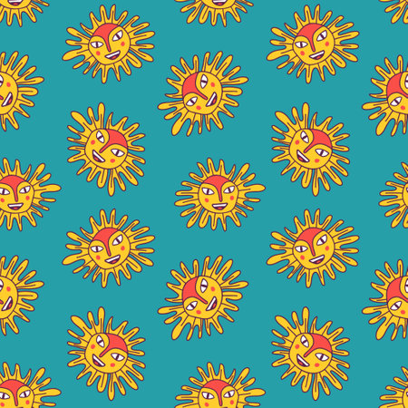 Retro abstract doodle bright happy unreal sun faces seamless pattern. Naive ethnic style. Ink hand drawn surreal fantasy sun portrait. Textile print cover vector illustation.のイラスト素材