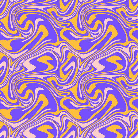 1970 liquid marble seamless pattern. Yellow purple wavy swirl texture. Groovy trippy psychedelic background. Hippie aesthetic vector illustration.のイラスト素材