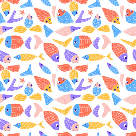 Cute colorful seamless pattern with cute doodle fish. Funny kids naive abstract aquarium background. Zentangle patterned sardines, herring, guppies, goldfish. Vector illustration.のイラスト素材