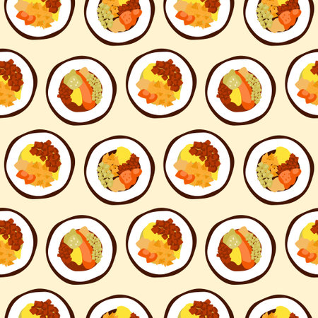 Korean street food seamless pattern. Gimbap rice rolls with different fillings. Asian traditional snacks. Cute doodle background. Vector illustration.のイラスト素材