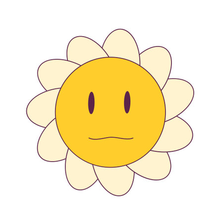 Smiley flower face y2k inspired icon. Retro funny daisy smile sticker. Trippy vintage yellow face in petals. Funky camomile flower emoji. Vector illustration.のイラスト素材
