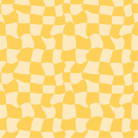 Groovy distorted positive chessboard seamless pattern. Trippy twisted grid background. Yellow monochrome textile fabric design. 1970 vintage vibe. Vector illustrationのイラスト素材