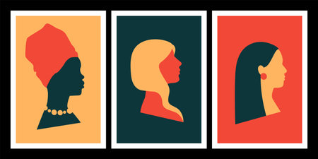 Abstract boho posters set. Minimal retro wall art with woman profile portrait. Simple shapes silhouettes. Naive ethnic female heads. Women allyship concept. Vector illustration.のイラスト素材