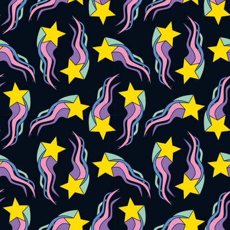 1970 disco hippie groovy shooting stars on dark. Falling stars with rainbow wavy tail doodle seamless pattern. Perfect for cover y2k retro party textile wallpaper fabric posters. Vector illustration.のイラスト素材