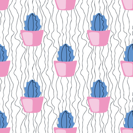 Cute blue cactuses in pink pots on wavy lines background. Delicate doodle seamless pattern for home decor, spread, clot, linen. Cozy kids design. Hand drawn home plants. Vector illustration.のイラスト素材