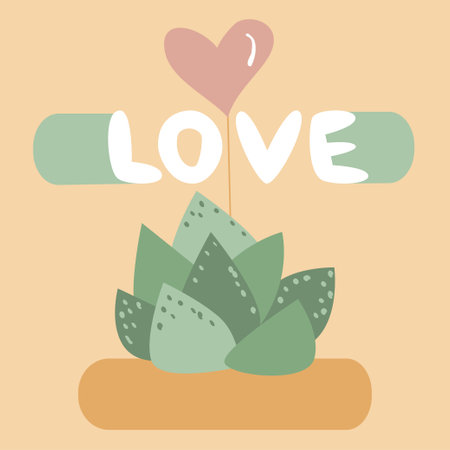 Cute succulent with heart on stick and love lettering phrase. Vector illustration. Hand drawn national gardening day concept. Perfect for greeting cards, plants fans and amateurs. Vector illustration.のイラスト素材