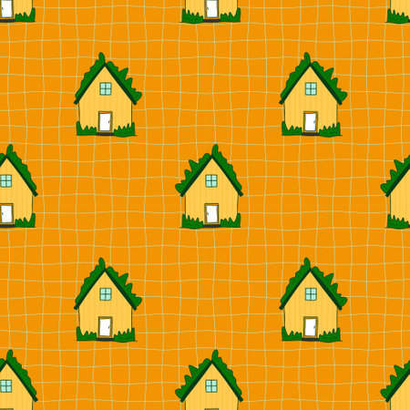 Islandia cute rustic houses simple seamless pattern. Bright green yellow nordic house with grass roof on grid backgroud. Little cozy houses childish scandinavian print. Vector illustration.のイラスト素材