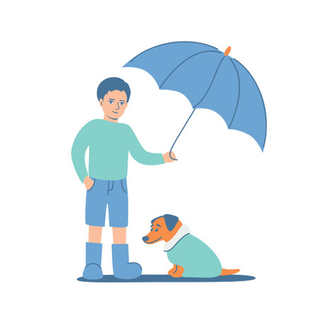 Young boy in rubbers holding umbrella under dog in coat. Child protecting puppy from rain. Friendship and take care concept. Kids education. Flat vector illustration.のイラスト素材