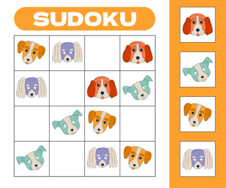 Kids sudoku 4x4 riddle game with cute dogs muzzles. Puppy tabletop puzzle. Children board game logic puzzle. Cartoon pets educational rebus. Vector illustration.のイラスト素材