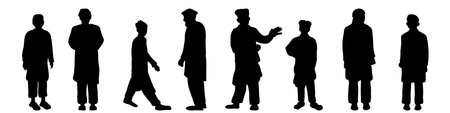 Muslim Arab Asia different poses men silhouettes set. Boys, youth and old man wearing Shalwar kameez traditional dress. Inclusiveness and diversity design elements vector illustration.のイラスト素材