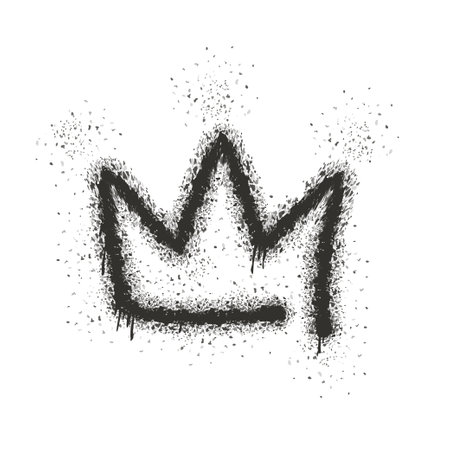 Graffiti style crown with overspray in black over white. Sprayed crown logo icon with leak splash splatters drops. Vector illustration.のイラスト素材