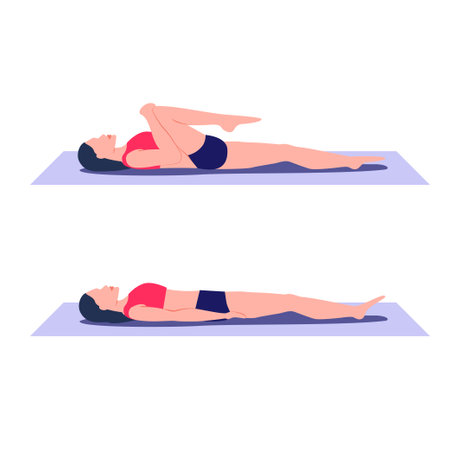 Single knee to chest exercise. Stretch out and relieve tension in lower back, hamstrings, and gluteus. Bring one knee up towards chest from lying on back position, lower back pain appeasement. Girl.のイラスト素材