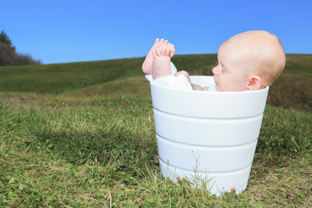 A baby sit on a plant potの写真素材