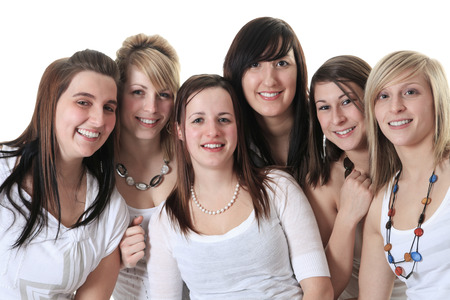 Six young woman in studio white backgroundの写真素材