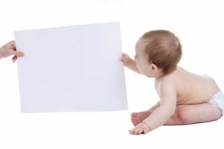 adorable baby with blank advertising bannerの写真素材