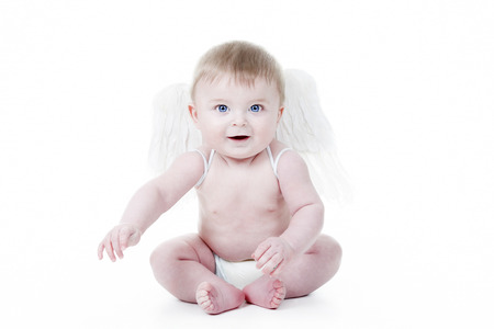 Cute baby cupid with angel wings in front of a white backgroundの写真素材