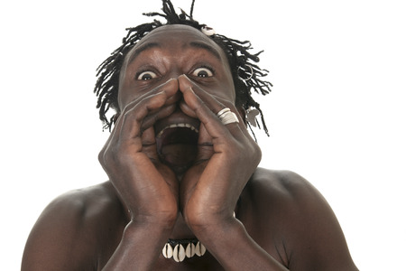 happy funny african american man headshot over white in studioの写真素材