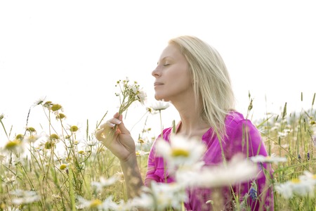 A Photo of a pretty blonde woman on a fieldの写真素材