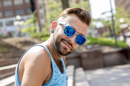 A Hipster men on the street on a cityの写真素材