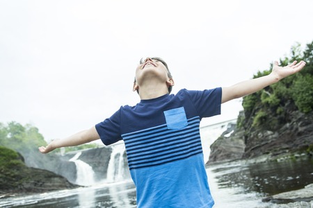A close up of a cute 8 year old boyの写真素材