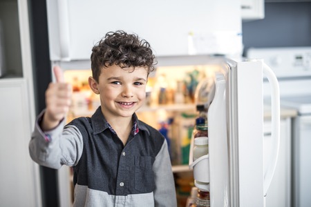 A Young white boy standing in front of open refrigerator.の写真素材