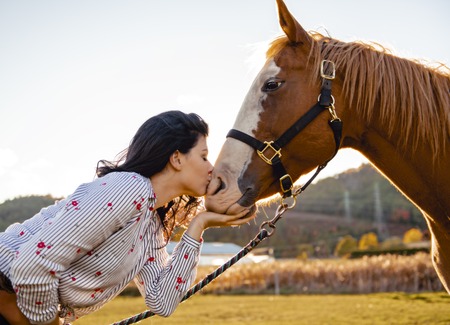 A Woman with her horse at sunset, autumn outdoors sceneの写真素材