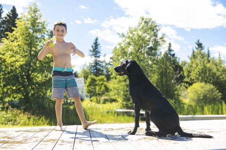 little boy play with his dog on the shore of Lakeの写真素材