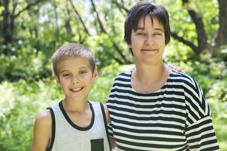 mother with his son in the natureの写真素材