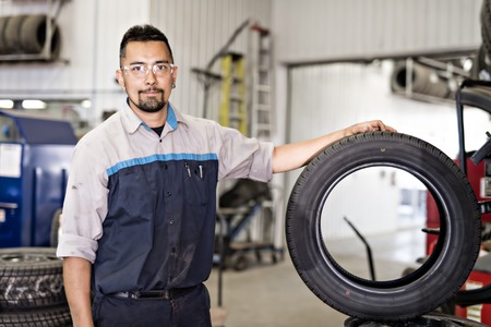 Mechanic changing car tire at workの写真素材