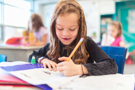 education and school concept little student girl studying at schoolの写真素材
