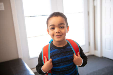 A child boy coming home passing through the door after school