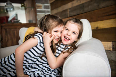 Happy twins embracing each other in the living room