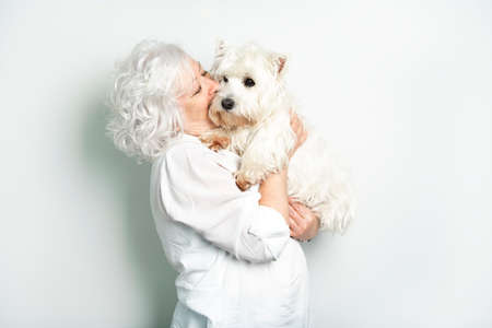 The Therapy pet on couch next to elderly person in retirement rest home for seniorsの写真素材