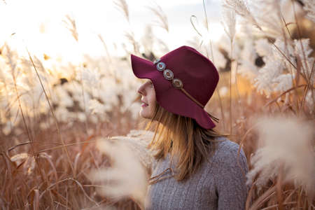 Woman in a wheat field at sunsetの写真素材