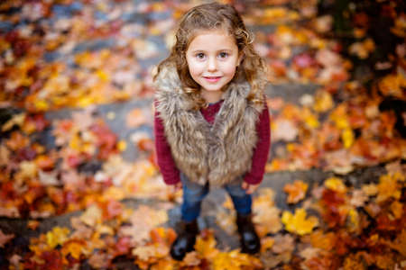 Adorable little girl in a autumn forestの写真素材